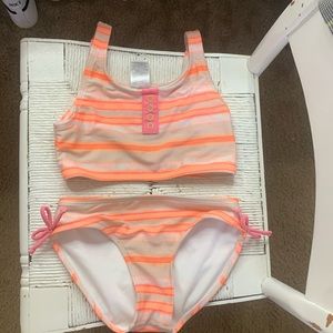Cute two piece striped bathing suit- pink, blue and white- 7/8